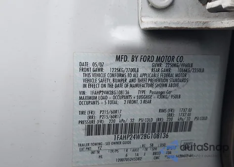 2008 Ford Taurus Sel from USA, damaged, VIN 1FAHP24W28G108136